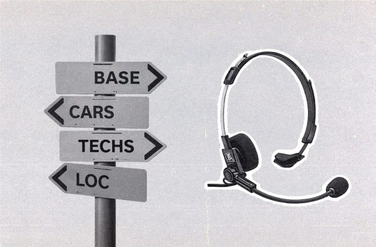 film unit signs for base, cars, techs, and locations next to a radio headset illustration