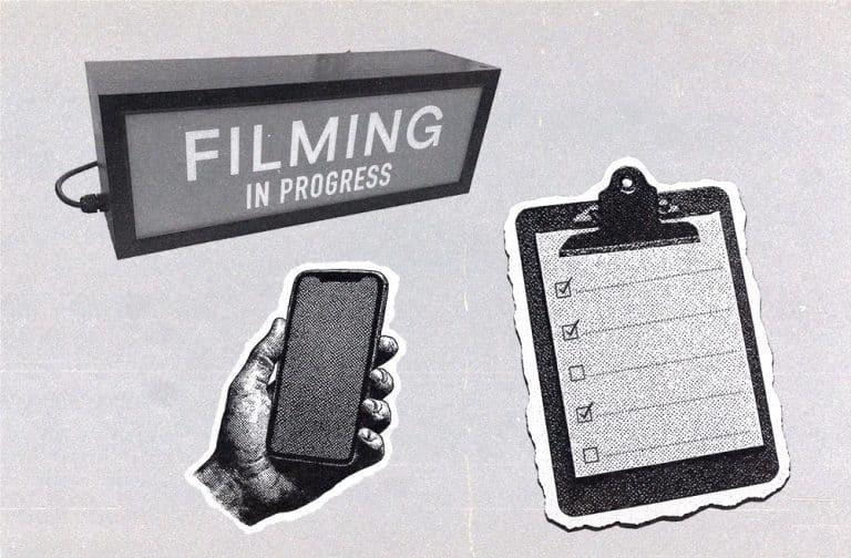 Filming in Progress sign next to an illustrated hand holding a phone, and clipboard.