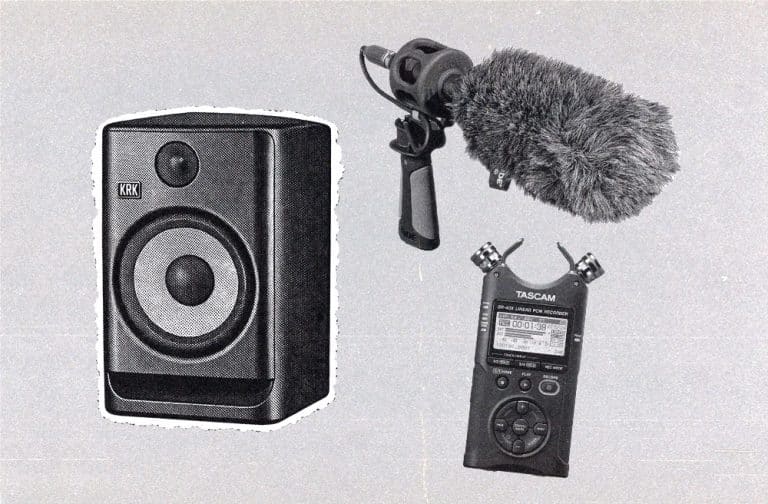 Black-and-white halftone illustration of a KRK studio monitor, a shotgun microphone with a furry windscreen, and a Tascam handheld audio recorder