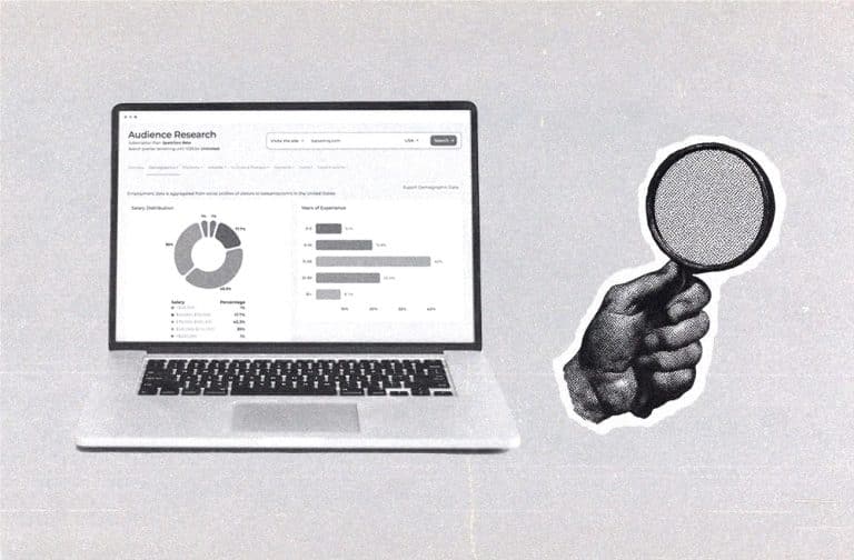laptop displaying audience research data next to an illustrated magnifying glass