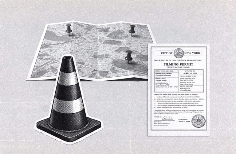map with pins next to a filming permit and safety cone illustration