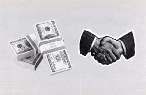 Stacks of $100 bills next to a handshake illustration