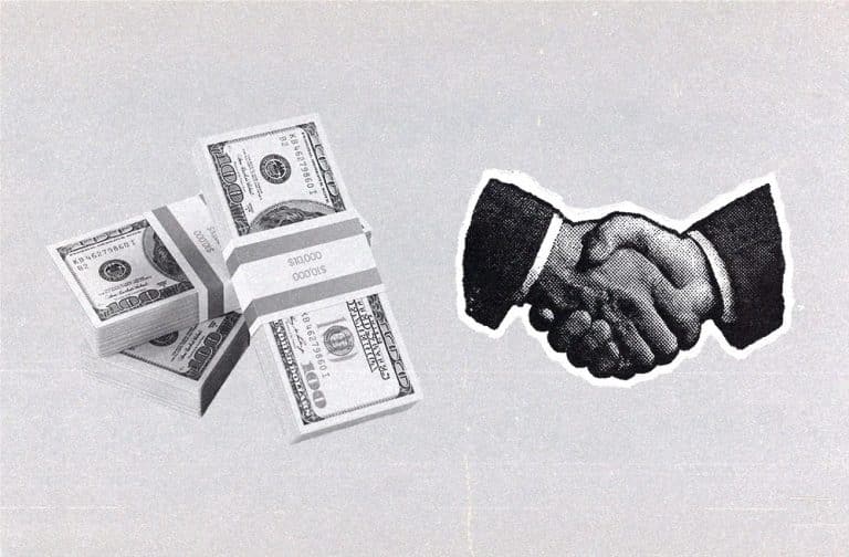 Stacks of $100 bills next to a handshake illustration