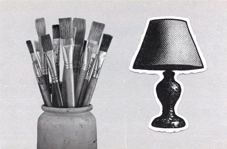 Jar filled with paintbrushes next to an illustrated table lamp.