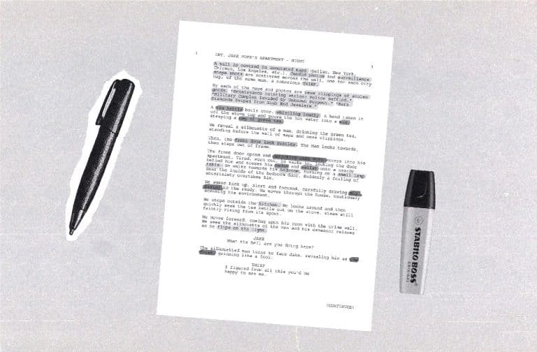 Printed screenplay page marked with edits next to a pen and highlighter