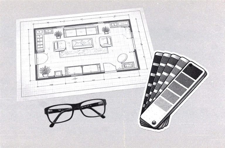set design blueprint next to color swatches illustration and a pair of glasses