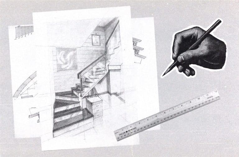 Architectural set design sketches next to a ruler and illustrated hand holding a pencil.