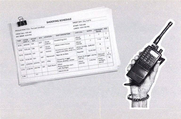shooting schedule next to a hand holding a walkie-talkie illustration