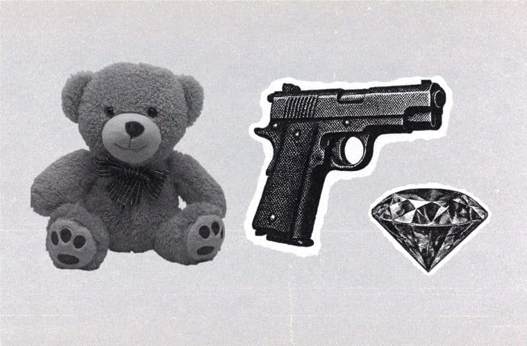 teddy bear next to a prop gun and diamond illustration