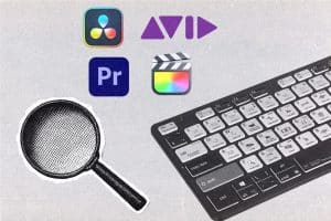 Logos of DaVinci Resolve, Avid Media Composer, Adobe Premiere Pro, and Final Cut Pro next to professional editing keyboard and magnifying glass illustration