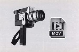 Vintage 8mm film camera with MOV video file icon on textured background