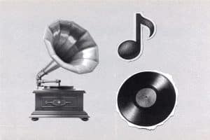 Vintage gramophone with vinyl record and black eighth note illustration on textured background