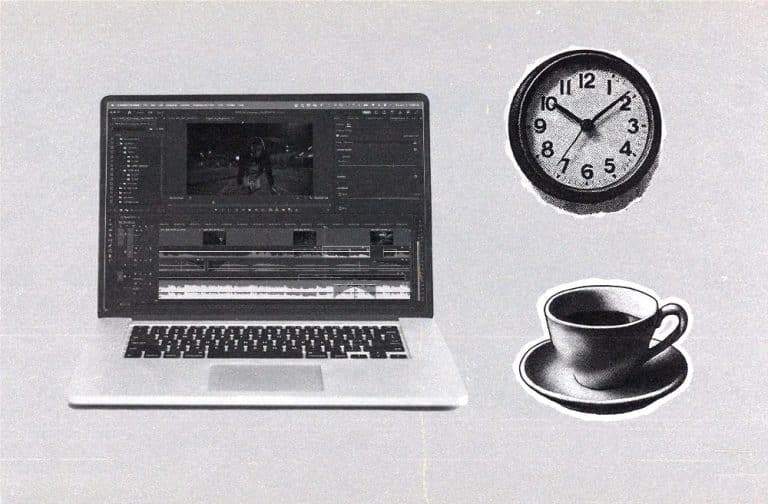 Video editing timeline on laptop with clock and coffee illustration