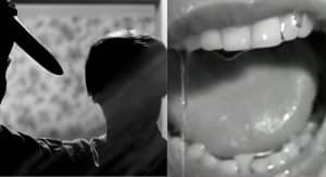 Split image from Psycho (1960) showing the shower scene silhouette and a close-up of Marion Crane screaming.