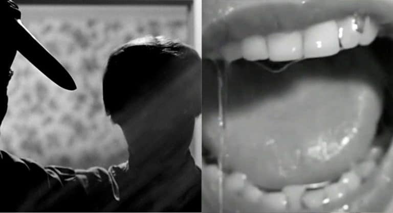 Split image from Psycho (1960) showing the shower scene silhouette and a close-up of Marion Crane screaming.